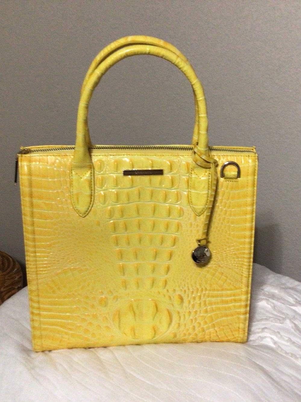 Brahmin Leather Yellow Caroline Croc-Embossed Structured Tote Bag
